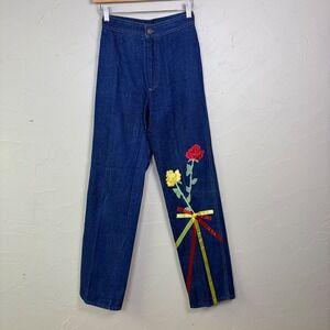 Vintage City Girl Jeans Womens Size 5 Floral Embroidered Ribbon Flare Hippie